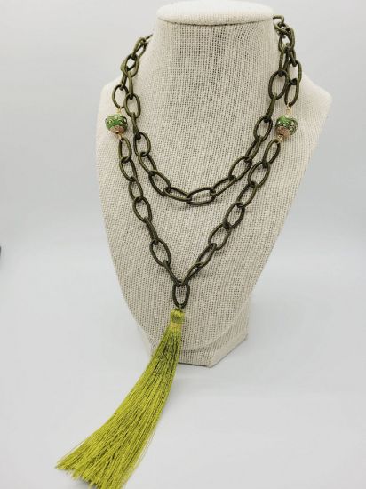 Picture of Green Tassel and Tibetan beads necklace 