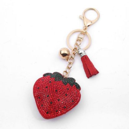 Picture of MBM Key Chain – Rhinestone Gold Strawberry Bag Charm Keychain with Key Ring, Pendant Bell Tassel, and Cute Pom for Women and Girls