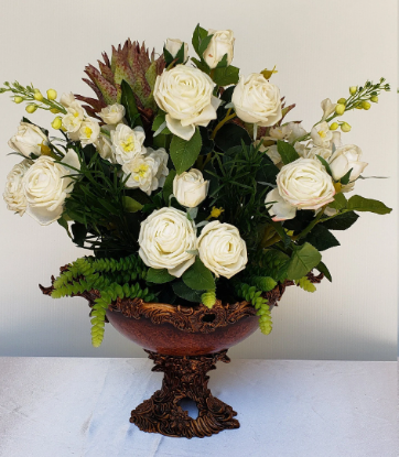 Picture of Artificial Floral Arrangement Centerpiece for Home Fake White Roses Arrangement with Antique Design Resin Vase Mother's Day Gift