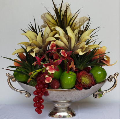 Picture of Artificial Floral Arrangement Centerpiece for Home, Fake Tropical Flowers Fruits Orchids Cactus Succulents Arrangements in Vase SS Antique