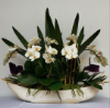 Picture of Artificial Floral Arrangement Centerpiece for Home White Orchids Purple Anthuriums  in Natural Wooden Vase Artificial Plants for Home Décor