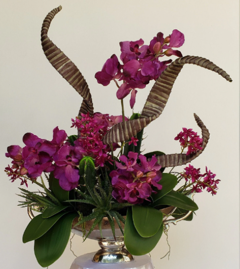 Picture of Artificial Flowers Arrangement Centerpiece Faux Butterfly and Ladys Slipper Phalaenopsis Orchid in Antique Metal Vase Home Décor Mom’s Day