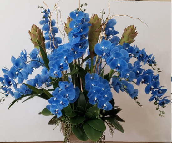 Picture of Artificial Floral Arrangement Centerpiece for Home Fake Blue Orchid Arrangements in Modern Round Golden Vase Metal Artificial Plants Décor
