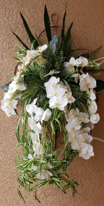 Picture of Artificial Flower Arrangement in Natural Wicker Hanging Stand Phalaenopsis White Orchids Real Touch Quality Home Decor Mother's Day