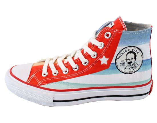 Picture of NANY JEANS Patria y Vida Canvas Shoes with Cuban Flag and Jose Marti. Unisex High Tops with Patria y Vida Flag. Premium Quality White Sneakers